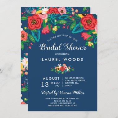 Colorful Folk Bouquets - Boho Blue Bridal Shower Invitations