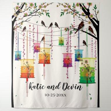 Colorful Lanterns Cherry Tree Birds Wedding/Shower Tapestry