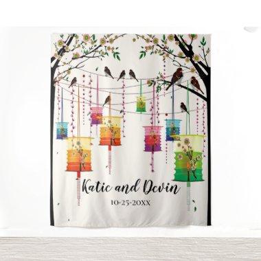 Colorful Lanterns Cherry Tree Birds Wedding/Shower Tapestry