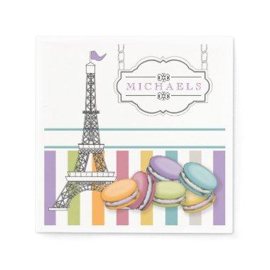 Colorful Paris Macaron Eiffel Tower Monogram Paper Napkins