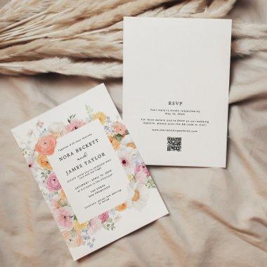 Colorful Pastel Floral Frame QR Code Wedding