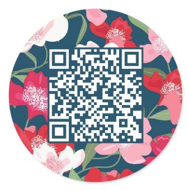 Colorful Red Floral QR Code Blue Classic Round Sticker