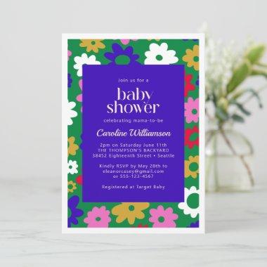 Colorful Scandinavian Flower Green Baby Shower Invitations