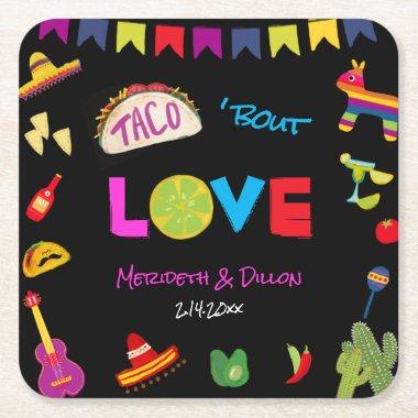 Colorful Taco Bout Love Mexican Fiesta Wedding Square Paper Coaster