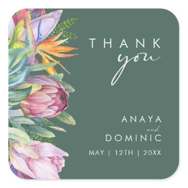 Colorful Tropical Floral | Green Thank You Wedding Square Sticker