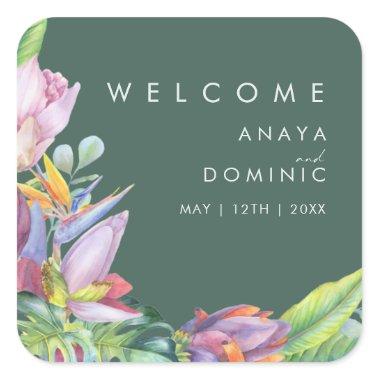 Colorful Tropical Floral | Green Wedding Welcome Square Sticker