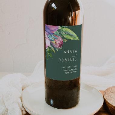 Colorful Tropical Floral | Green Wedding Wine Label