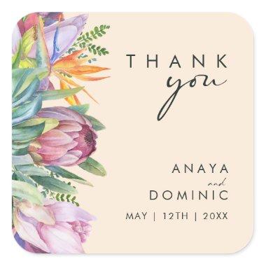 Colorful Tropical Floral | Peach Thank You Wedding Square Sticker
