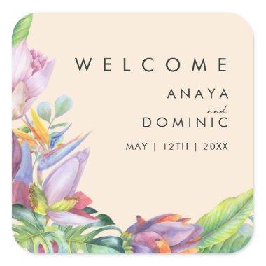 Colorful Tropical Floral | Peach Wedding Welcome Square Sticker