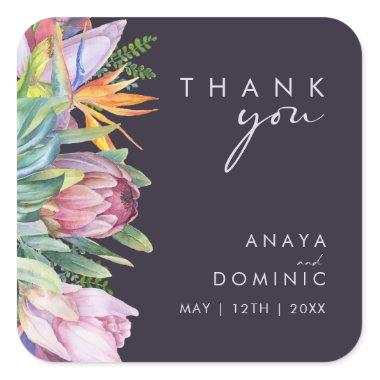 Colorful Tropical Floral Purple Thank You Wedding Square Sticker