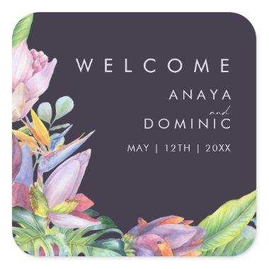 Colorful Tropical Floral | Purple Wedding Welcome Square Sticker