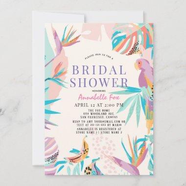 Colorful Tropical leaves Parrot Bridal Shower Invitations