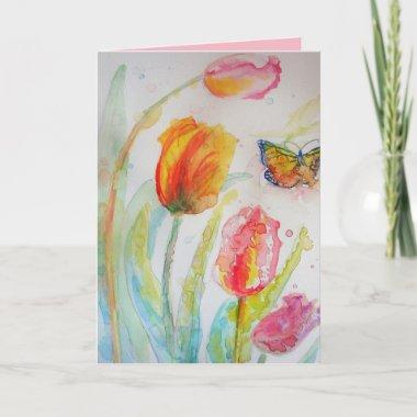 Colorful Tulip and Butterfly Watercolor Greetings Invitations
