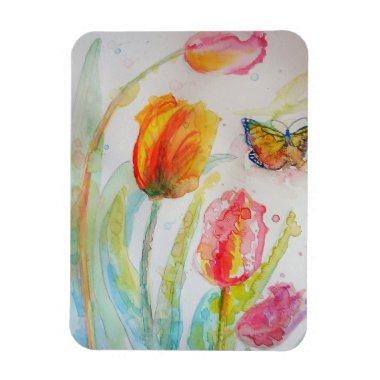 Colorful Tulip and Butterfly Watercolor Greetings Magnet