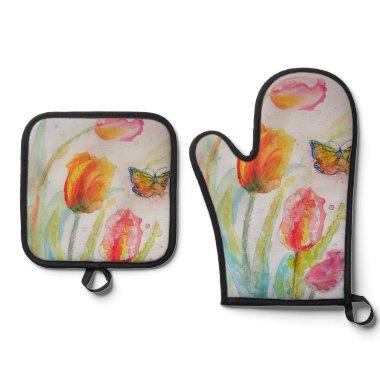 Colorful Tulip and Butterfly Watercolor Painting Oven Mitt & Pot Holder Set