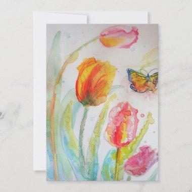 Colorful Tulip Butterfly Watercolor Flat Invitations