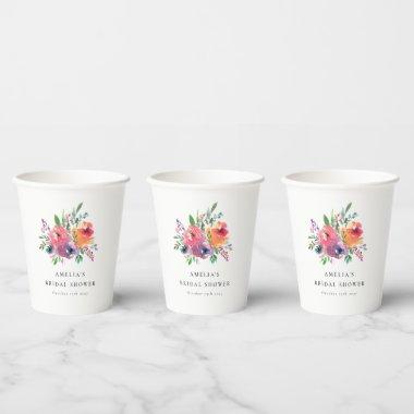 Colorful Watercolor Floral Bridal Shower Custom Paper Cups