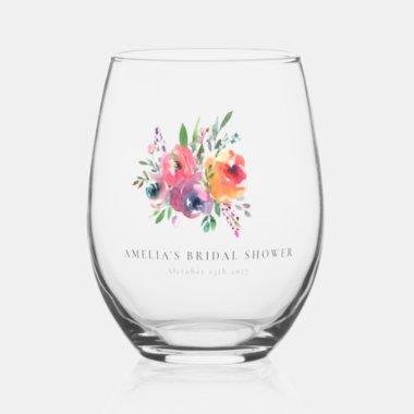 Colorful Watercolor Floral Bridal Shower Custom Stemless Wine Glass
