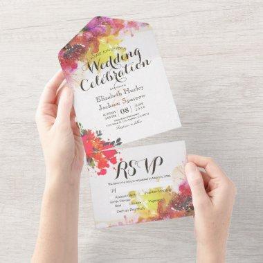 Colorful Watercolor Flowers Botanical Wedding RSVP All In One Invitations