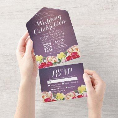 Colorful Watercolor Flowers Purple BG Wedding RSVP All In One
