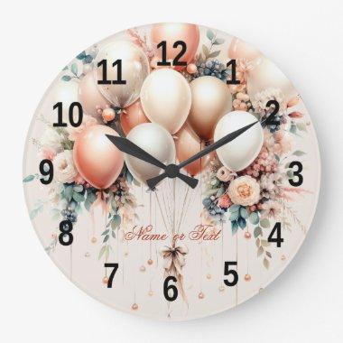 Colorful White Peach Floral Balloons Elegant Party Large Clock