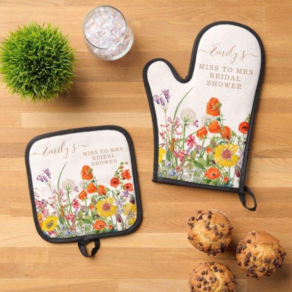 Colorful Wild Flowers Miss To Mrs  Oven Mitt & Pot Holder Set