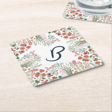 Colorful Wildflower  Monogram Square Paper Coaster