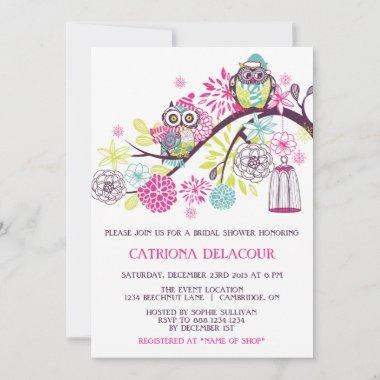 Colorful Winter Owls Floral Baby Shower Invitations