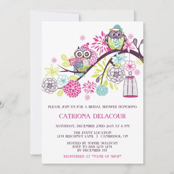 Colorful Winter Owls Floral Baby Shower Invitations