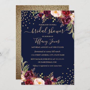 Confetti Navy Burgundy Gold Floral Bridal Shower Invitations