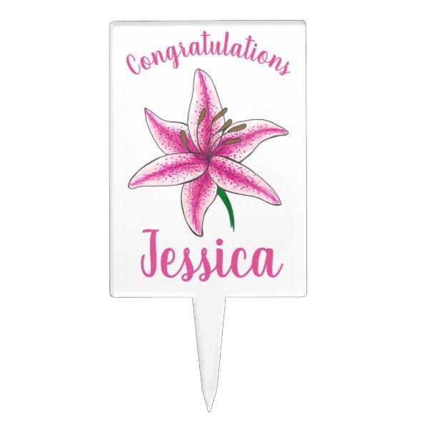Congratulations Pink Lily Flower Bridal Shower Cake Topper