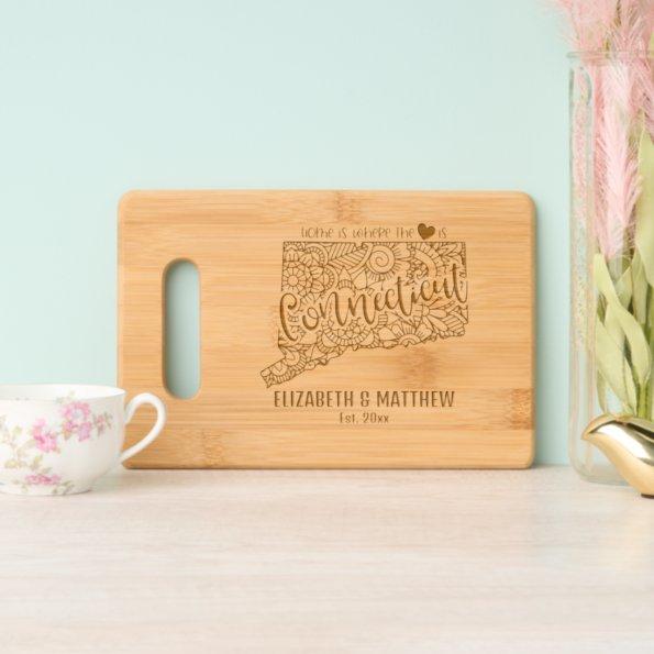 Connecticut state wedding couple names date engraved cutting board