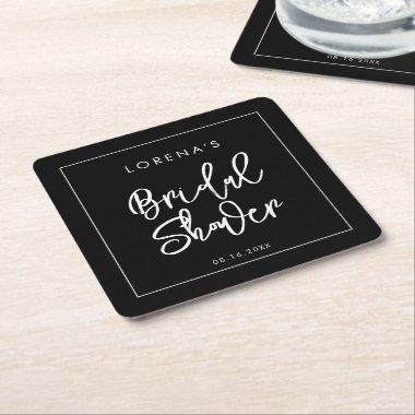 Contemporary black Bridal Shower Square Paper Coaster