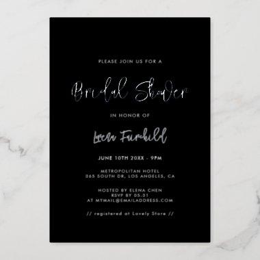 Contemporary modern Bridal shower black & silver Foil Invitations