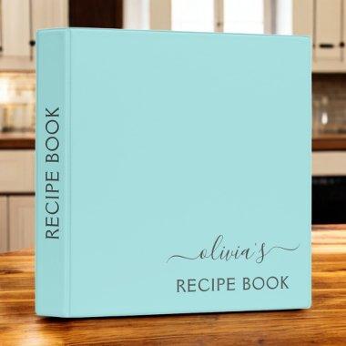 Cookbook Aqua Blue Teal Script Monogram 3 Ring Binder