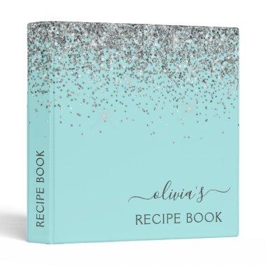 Cookbook Aqua Teal Blue Silver Glitter 3 Ring Binder