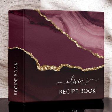 Cookbook Burgundy Agate Geode Gold Monogram 3 Ring Binder
