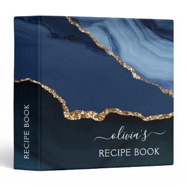 Cookbook Navy Blue Agate Geode Gold Monogram 3 Ring Binder