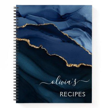 Cookbook Navy Blue Agate Geode Gold Monogram Notebook