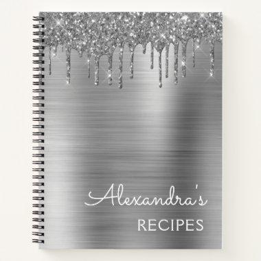 Cookbook Recipe Book Silver Glitter Monogram