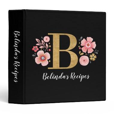 Cookbook Recipe Elegant Floral Monogram Black Gold 3 Ring Binder