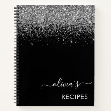 Cookbook Recipe Silver Black Glitter Monogram Notebook