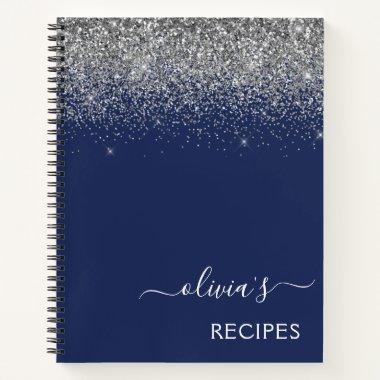 Cookbook Recipe Silver Navy Blue Glitter Monogram Notebook