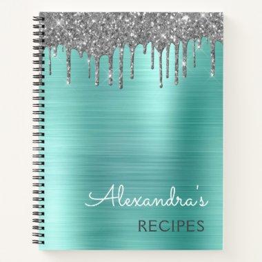 Cookbook Recipe Teal Aqua Blue Silver Glitter Notebook