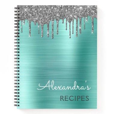 Cookbook Recipe Teal Aqua Blue Silver Glitter Notebook