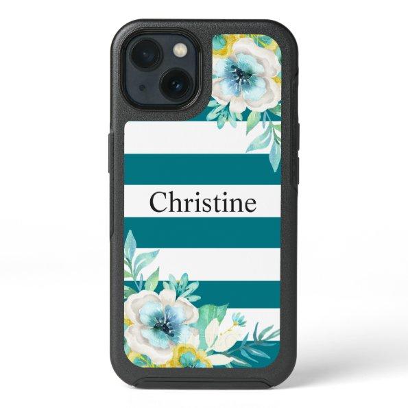 Cool Mint Floral Watercolor Stripes iPhone 13 Case