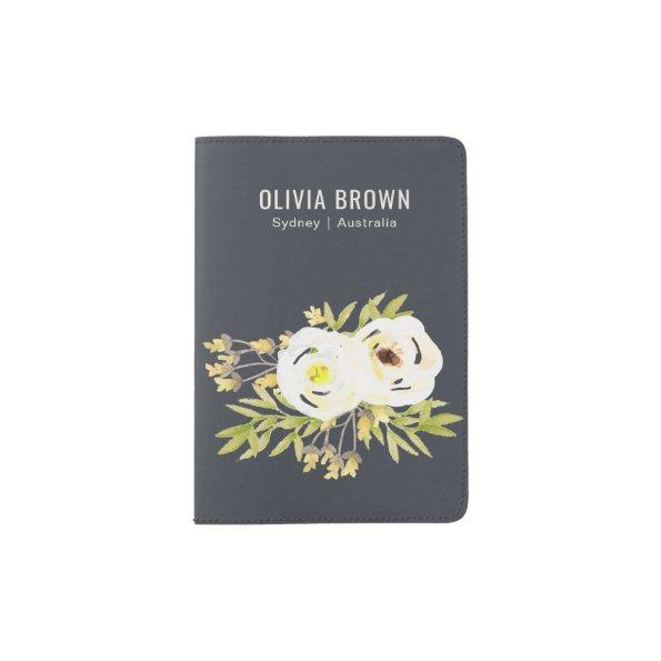 COOL WHITE & YELLOW WATERCOLOR FLORAL Personalised Passport Holder