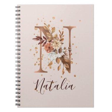 Copper Autumn Floral Letter N Fall Flowers Notebook
