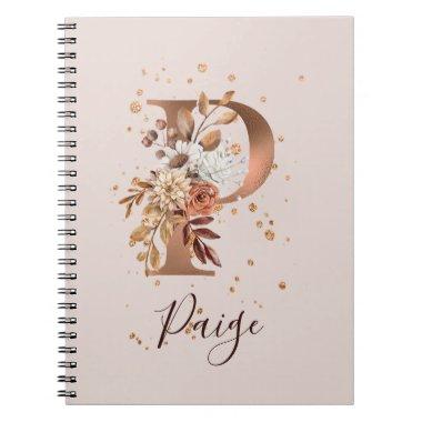 Copper Autumn Floral Letter P Fall Flowers Notebook