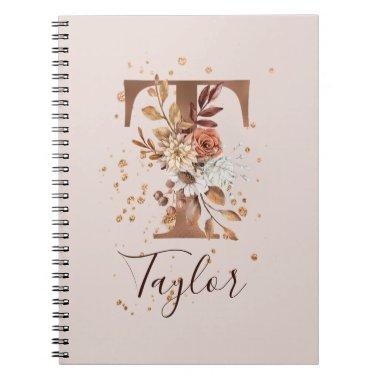 Copper Autumn Floral Letter T Fall Flowers Notebook